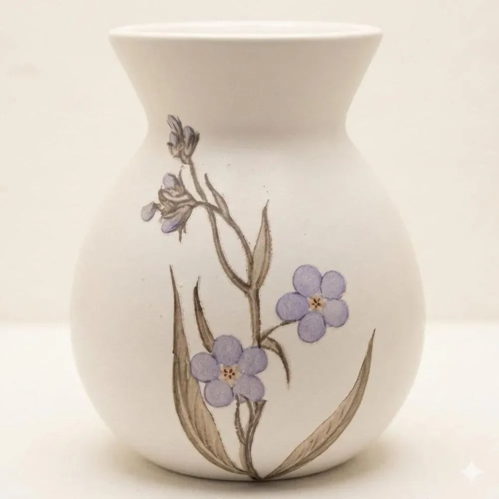 Modern Ivory & Blue Floral Vase - Upcycled Matte Ceramic with Botanical Transfer